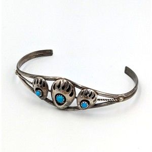 Vintage Navajo Native American Sterling Silver Turquoise Bear Claw Cuff Bracelet